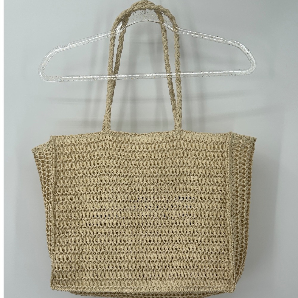 Gone Coastal Beige Woven Straw Crochet Tote Beach Bag Braided Straps - Picture 3 of 9